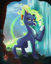 Size: 1717x2146 | Tagged: safe, artist:eveerra, baihe (tfh), dragon, hybrid, longma, them's fightin' herds, community related, concave belly, female, looking at you, mane of fire, slender, solo, tail, tail of fire, thin, water, waterfall