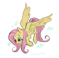 Size: 2048x2020 | Tagged: safe, artist:sketchy-pones, fluttershy, pegasus, pony, g4, blushing, colored sketch, cute, emanata, eyelashes, female, flying, long mane, long tail, looking down, mare, open mouth, pink mane, pink tail, shyabetes, signature, simple background, sketch, solo, spread wings, tail, wavy mane, wavy tail, white background, wings, yellow coat