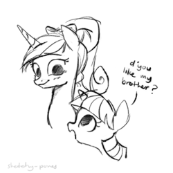 Size: 2048x2048 | Tagged: safe, artist:sketchy-pones, princess cadance, twilight sparkle, alicorn, pony, unicorn, g4, babysitting, blushing, bow, bust, dialogue, duo, duo female, eyelashes, female, filly, filly twilight sparkle, foal, hair bow, height difference, high res, horn, looking at each other, looking at someone, mare, monochrome, ponytail, simple background, sketch, smiling, talking, text, tied mane, unicorn horn, unicorn twilight, white background, young cadance, younger