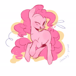 Size: 2048x2048 | Tagged: safe, artist:sketchy-pones, pinkie pie, earth pony, pony, g4, blushing, colored sketch, countershading, curly mane, curly tail, emanata, eyebrows, eyelashes, female, long mane, long tail, mare, one eye closed, open mouth, open smile, outline, pink coat, pink mane, pink tail, raised eyebrow, rearing, signature, simple background, sketch, smiling, solo, tail, white background, wink