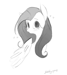 Size: 2048x2286 | Tagged: safe, artist:sketchy-pones, fluttershy, pegasus, pony, g4, blushing, bust, embarrassed, eyebrows, eyebrows visible through hair, eyelashes, female, flustered, folded wings, grayscale, high res, long mane, looking at you, mare, monochrome, no catchlights, signature, simple background, sketch, solo, sweat, sweatdrop, white background, wings