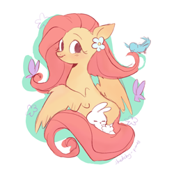 Size: 2048x2048 | Tagged: safe, artist:sketchy-pones, angel bunny, fluttershy, bird, butterfly, pegasus, pony, g4, blushing, colored sketch, cute, duo, duo male and female, ear blush, emanata, eyebrows, eyelashes, female, flower, flower on ear, long mane, long tail, looking back, male, mare, no catchlights, open mouth, open smile, outline, pink mane, pink tail, raised eyebrow, shyabetes, signature, simple background, sketch, smiling, solo focus, spread wings, tail, that pony sure does love animals, white background, wing fluff, wings, yellow coat