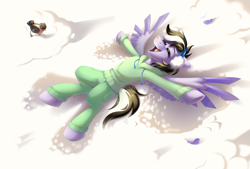 Size: 3400x2300 | Tagged: safe, artist:rtootb, oc, oc only, oc:violett spectrum, bird, pegasus, pony, clothes, cute, eyes closed, happy, high res, lying down, male, on back, open mouth, open smile, pegasus oc, smiling, snow, snow angel, solo, spread wings, stallion, wings