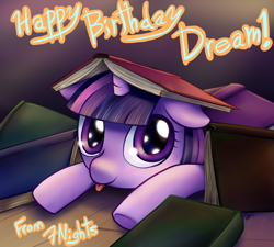 Size: 1200x1080 | Tagged: safe, artist:7nights, twilight sparkle, pony, unicorn, g4, :p, book, cute, female, filly, foal, happy birthday, horn, solo, that pony sure does love books, tongue out, twiabetes, unicorn twilight, wide eyes