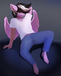 Size: 1732x2160 | Tagged: safe, artist:delta hronum, oc, oc only, oc:violett spectrum, anthro, clothes, male, sitting, spread legs, spread wings, spreading, wings