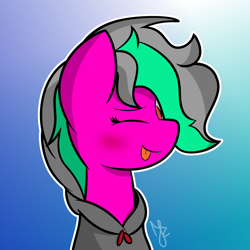 Size: 1948x1948 | Tagged: safe, artist:japkozjad, oc, oc only, oc:sy-step, earth pony, :p, blushing, bust, clothes, gradient background, hoodie, portrait, solo, tongue out