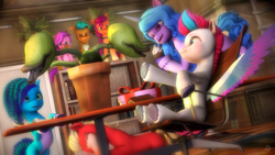 Size: 1920x1080 | Tagged: safe, artist:maxressor, hitch trailblazer, izzy moonbow, misty brightdawn, pipp petals, sprout cloverleaf, sunny starscout, zipp storm, earth pony, pegasus, pony, unicorn, g5, my little pony: tell your tale, 3d, belly, bone, book, cake, carnivorous plant, chair, concave belly, cupcake, door, female, food, hoof heart, hooves on the table, horn, lamp, male, mane five, mane six (g5), mare, pale belly, phone, pica, plant, present, sitting, source filmmaker, spread wings, stallion, table, underhoof, upside-down hoof heart, varying degrees of want, wings