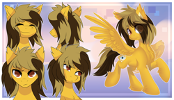 Size: 4000x2300 | Tagged: safe, alternate version, artist:xvostik, pegasus, pony, alex gaskarth, all time low, chest fluff, commission, dyed mane, dyed tail, ear fluff, eye clipping through hair, eyebrows, eyebrows visible through hair, eyes closed, facial expressions, frown, happy, hoof fluff, looking at you, male, ponified, raised eyebrow, raised hoof, raised leg, skeptical, smiling, solo, spread wings, stallion, standing, tail, wings, ych result