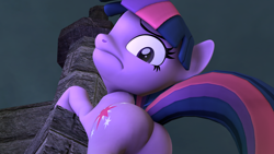 Size: 1920x1080 | Tagged: safe, artist:ontheedgeht, twilight sparkle, pony, unicorn, g4, 3d, butt, female, horn, mare, plot, solo, tower, unicorn twilight