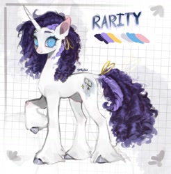 Size: 1440x1463 | Tagged: safe, artist:505p0ni, rarity, pony, unicorn, g4, abstract background, alternate design, bow, colored pinnae, curly mane, female, fetlock tuft, grid paper, hair bow, horn, looking at you, mare, raised hoof, smiling, smiling at you, solo, tail, tail bow, unshorn fetlocks