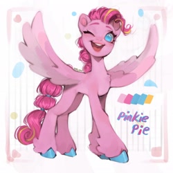 Size: 2048x2048 | Tagged: safe, artist:505p0ni, pinkie pie, pegasus, pony, g4, abstract background, alternate design, chest fluff, female, long legs, mare, one eye closed, open mouth, open smile, pegasus pinkie pie, race swap, smiling, solo, spread wings, unshorn fetlocks, wings, wink