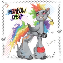 Size: 1440x1440 | Tagged: safe, artist:505p0ni, rainbow dash, pegasus, pony, g4, abstract background, alternate design, armband, cloven hooves, eyebrow piercing, female, mare, piercing, solo, straw in mouth, sunglasses, unshorn fetlocks