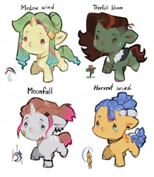 Size: 1440x1654 | Tagged: safe, artist:505p0ni, oc, oc only, oc:harvest wind, oc:medow wind, oc:moonfall, oc:treefall bloom, earth pony, pegasus, pony, unicorn, adoptable, cape, clothes, ear piercing, earring, female, hairclip, horn, jewelry, mare, necklace, piercing, simple background, undercut, white background