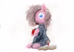 Size: 4093x2894 | Tagged: safe, artist:xallaanacyoxcyor, pinkie pie, earth pony, pony, g4, alternate hairstyle, apple, book, clothes, female, food, hair over one eye, looking at you, mare, simple background, sitting, solo, white background