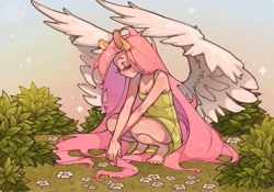 Size: 2048x1431 | Tagged: safe, artist:mika01shiyaaa, fluttershy, human, g4, barefoot, bush, clothes, crouching, dress, eared humanization, eyes closed, feet, female, flower, grass, humanized, outdoors, solo, spread wings, winged humanization, wings