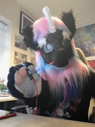 Size: 900x1200 | Tagged: safe, artist:essorille, oc, oc only, oc:noir, kirin, nirik, fursuit, indoors, irl, kirin oc, open mouth, paw gloves, photo, soldering iron, solo