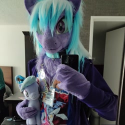 Size: 2048x2048 | Tagged: safe, artist:essorille, artist:nevermournmusic, cloudchaser, pony, badge, bust, collar, convention, fursuit, holding a plushie, holding a pony, irl, photo, plushie, ponysuit, portrait, self plushidox, selfie, solo, whinny city pony con