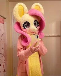 Size: 1638x2048 | Tagged: safe, artist:limeythecheetah, fluttershy, human, g4, blushing, cellphone, fursuit, indoors, irl, irl human, phone, photo, ponysuit, selfie, solo