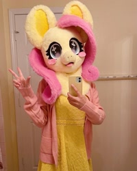 Size: 1440x1800 | Tagged: safe, artist:limeythecheetah, fluttershy, human, g4, blushing, cellphone, fursuit, indoors, irl, irl human, phone, photo, ponysuit, selfie, solo