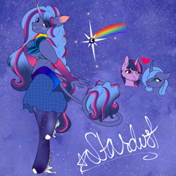 Size: 1280x1280 | Tagged: safe, artist:queenseneca, princess luna, twilight sparkle, oc, oc:stardust, unicorn, anthro, unguligrade anthro, fanfic:nightmare moon's indecent proposal, g4, anatomically incorrect, arm warmers, clothes, cloven hooves, colored hooves, curved horn, eye clipping through hair, female, freckles, fusion, fusion:princess luna, fusion:twilight sparkle, fusion:twiluna, gradient horn, gradient mane, gradient tail, heart, horn, leonine tail, lesbian, looking at each other, looking at someone, s1 luna, ship:twiluna, shipping, solo, sparkly mane, sparkly tail, tail