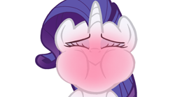 Size: 1620x902 | Tagged: safe, edit, edited screencap, part of a set, screencap, rarity, pony, unicorn, g4, sweet and elite, blushing, closed mouth, eyes closed, eyeshadow, female, holding breath, horn, makeup, mare, puffy cheeks, red face, simple background, solo, white background