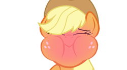 Size: 1620x902 | Tagged: artist needed, editor needed, safe, edit, edited screencap, part of a set, screencap, applejack, earth pony, pony, g4, sweet and elite, blushing, closed mouth, eyes closed, female, freckles, hat, holding breath, mare, puffy cheeks, red face, simple background, solo, white background