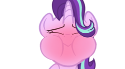Size: 1620x902 | Tagged: safe, edit, edited screencap, part of a set, screencap, starlight glimmer, pony, unicorn, g4, sweet and elite, blushing, closed mouth, eyes closed, female, holding breath, horn, mare, puffy cheeks, red face, simple background, solo, white background