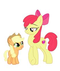 Size: 3148x3705 | Tagged: safe, artist:xinjinjumin293104353261, apple bloom, applejack, earth pony, pony, g4, age swap, apple sisters, duo, female, filly, filly applejack, looking at each other, looking at someone, older, older apple bloom, role reversal, siblings, simple background, sisters, smiling, smiling at each other, white background, younger