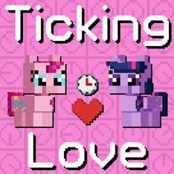 Size: 1088x1088 | Tagged: safe, artist:silk-rose, pinkie pie, twilight sparkle, alicorn, g4, clock, cover, cover art, drop shadow, heart, love and tolerance resource pack, minecraft, pixel art, text, tiled background, twilight sparkle (alicorn)