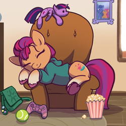 Size: 2048x2048 | Tagged: safe, artist:pfeffaroo, argyle starshine, sunny starscout, twilight sparkle, alicorn, earth pony, pony, g5, my little pony: a new generation, armchair, bag, ball, chair, clothes, commission, controller, cute, fangirl, father and child, father and daughter, female, filly, filly sunny starscout, food, high res, hoodie, in-universe pegasister, male, photo, picture, plushie, popcorn, sleeping, smiling, solo, sunny and her heroine, sunnybetes, sweet dreams fuel, tennis ball, twilight sparkle (alicorn), twilight sparkle plushie, unshorn fetlocks, ych example, younger, your character here