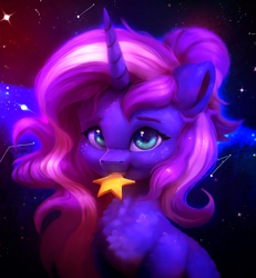 Size: 1940x2098 | Tagged: safe, artist:itssim, oc, oc only, oc:mercurial, unicorn, bust, constellation, cute, female, high res, horn, looking at you, mare, night, night sky, nom, portrait, sky, smiling, smiling at you, solo, starry sky, stars