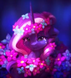 Size: 2241x2453 | Tagged: safe, artist:itssim, oc, oc only, oc:mercurial, pony, unicorn, bust, crying, emotional, female, floral head wreath, flower, high res, horn, looking at you, mare, portrait, sad, solo, wreath