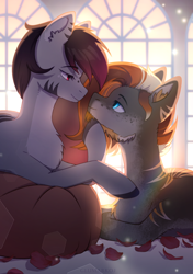 Size: 1748x2480 | Tagged: safe, artist:glumarkoj, oc, oc only, oc:living flame, oc:madelinne, earth pony, pony, beard, bedroom eyes, facial hair, female, flower petals, holding head, looking at each other, looking at someone, male, mare, stallion