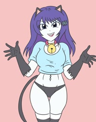 Size: 2150x2709 | Tagged: safe, artist:sumin6301, rarity, human, equestria girls, g4, bell, bell collar, belly button, belly piercing, black panties, black underwear, breasts, busty rarity, cat ears, catgirl, clothes, collar, eyebrows, eyebrows visible through hair, female, grin, legs together, lipstick, looking at you, panties, piercing, raricat, shirt, simple background, smiling, smiling at you, socks, solo, striped socks, teeth, underwear