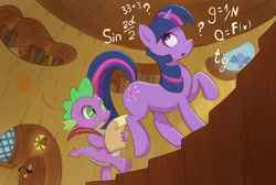 Size: 2000x1344 | Tagged: safe, artist:jotun22, spike, twilight sparkle, dragon, pony, unicorn, g4, eyes on the prize, female, golden oaks library, horn, male, mare, math, quill, scroll, unicorn twilight