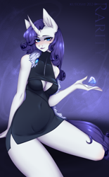 Size: 1857x3000 | Tagged: safe, artist:kutoshi, rarity, unicorn, anthro, g4, belly button, blushing, boob window, breasts, cleavage, clothes, dress, female, gem, horn, jewelry, looking at you, side slit, sitting, solo, wide hips