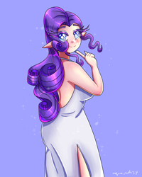 Size: 2400x3000 | Tagged: safe, artist:mylittleyuri, rarity, human, g4, alternate hairstyle, backless, blue background, blushing, clothes, cute, dress, elf ears, eyeshadow, female, heart, heart eyes, hearts and hooves day, humanized, makeup, raribetes, simple background, solo, wingding eyes