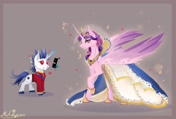 Size: 4208x2844 | Tagged: safe, artist:martazap3, princess cadance, shining armor, alicorn, pony, unicorn, g4, clothes, curved horn, dress, duo, duo male and female, female, heart, heart eyes, height difference, horn, jewelry, large wings, long horn, male, mare, meme, nudity, princess, ring, sheath, ship:shiningcadance, shipping, slender, stallion, sternocleidomastoid, straight, sunglasses, tall, the bride and the ugly ass groom, thin, veil, wedding dress, wedding ring, wedding veil, wingding eyes, wings