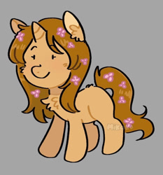 Size: 746x800 | Tagged: safe, oc, pony, unicorn, chest fluff, cute, dot eyes, ear fluff, eyebrows, eyebrows visible through hair, female, filly, flower, flower in hair, foal, gray background, horn, long hair, long mane, long tail, simple background, smiling, solo, tail