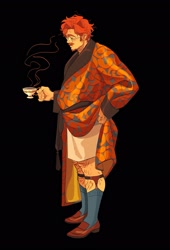 Size: 1394x2048 | Tagged: safe, artist:tulliok, sunburst, human, the grand galloping 20s, g4, alternate universe, beard, bed hair, black background, clothes, cup, facial hair, glasses, hairy legs, humanized, leg hair, loafers, male, moustache, robe, round glasses, shoes, simple background, sleepy, sock garters, socks, solo, teacup