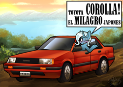 Size: 1403x992 | Tagged: safe, artist:chiefywiffy, trixie, unicorn, g4, caption, car, female, horn, solo, spanish, spanish text, text, toyota corolla