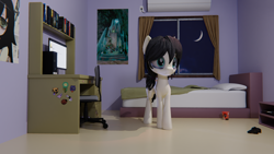 Size: 3840x2160 | Tagged: safe, artist:dieanondie, queen chrysalis, oc, oc only, oc:floor bored, earth pony, pony, 3d, bags under eyes, bed, blender, book, bookshelf, chair, computer, female, food, mare, moon, noodles, poster, ramen, solo, table, tomoko kuroki, watamote, window