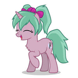 Size: 2800x2800 | Tagged: safe, artist:oblivionfall, oc, oc only, oc:magicalmysticva, pony, unicorn, g4, bow, chest fluff, eyes closed, female, hair bow, happy, horn, open mouth, pigtails, pink body, simple background, solo, teal mane, transparent background, twintails, vector