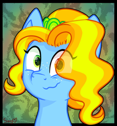 Size: 984x1051 | Tagged: safe, artist:singingsun, oc, oc only, oc:singing sun, pony, eye clipping through hair, heterochromia, looking at you, nervous, nervous smile, smiling, solo, wavy mouth