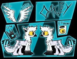 Size: 3408x2644 | Tagged: safe, artist:xxv4mp_g4z3rxx, oc, oc only, griffon, big tail, claws, colored sclera, griffon oc, leopard print, mullet, nonbinary, reference sheet, solo, spread wings, tail, wings, yellow sclera