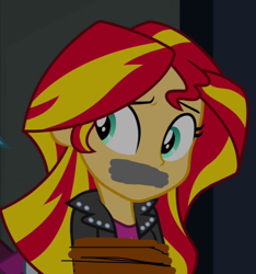 Size: 900x960 | Tagged: safe, artist:shinygurl2024, edit, edited screencap, screencap, sunset shimmer, human, equestria girls, g4, 1000 hours in ms paint, bondage, bound and gagged, gag, rope, rope bondage, tape, tape gag