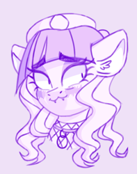 Size: 524x664 | Tagged: safe, artist:singingsun, oc, oc only, bat pony, pony, :3, eyebrows, eyebrows visible through hair, purple background, simple background, solo