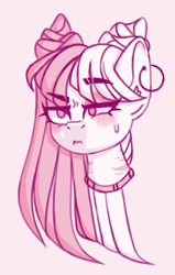 Size: 470x741 | Tagged: safe, artist:singingsun, oc, oc only, earth pony, pony, ear piercing, earring, eye clipping through hair, eyebrows, eyebrows visible through hair, jewelry, monochrome, piercing, pink background, simple background, solo