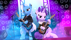 Size: 3840x2160 | Tagged: safe, artist:owlpirate, starlight glimmer, trixie, pony, unicorn, g4, 3d, 4k, bipedal, clothes, dexterous hooves, duo, duo female, electric guitar, female, grin, guitar, high res, hoof hold, horn, jacket, leather, leather jacket, mare, microphone, musical instrument, smiling, source filmmaker, stage