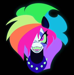 Size: 996x1001 | Tagged: safe, artist:partyponypower, rainbow dash, pegasus, pony, eternal night au (janegumball), g4, alternate universe, black background, bust, collar, colored pinnae, colored pupils, colored sclera, colored teeth, evil grin, facial markings, fangs, female, front view, glowing, green sclera, green teeth, grin, hair over one eye, lineless, long mane, looking up, makeup, mare, multicolored hair, multicolored mane, narrowed eyes, nightmare rainbow dash, nightmarified, open mouth, open smile, pink eyes, rainbow hair, saturated, sharp teeth, simple background, slit pupils, smiling, solo, spiked collar, teeth, thick eyelashes, wingding eyes